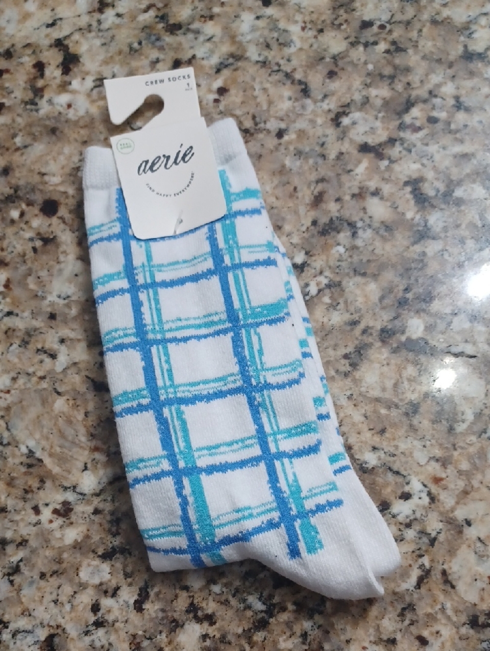 aerie White Crew Socks with Blue Plaid